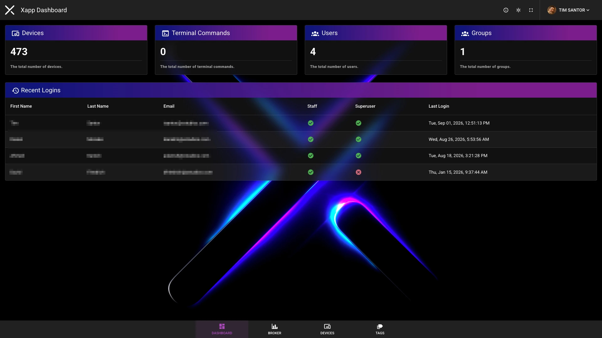 Xapp dashboard showing device count, users, and recent logins