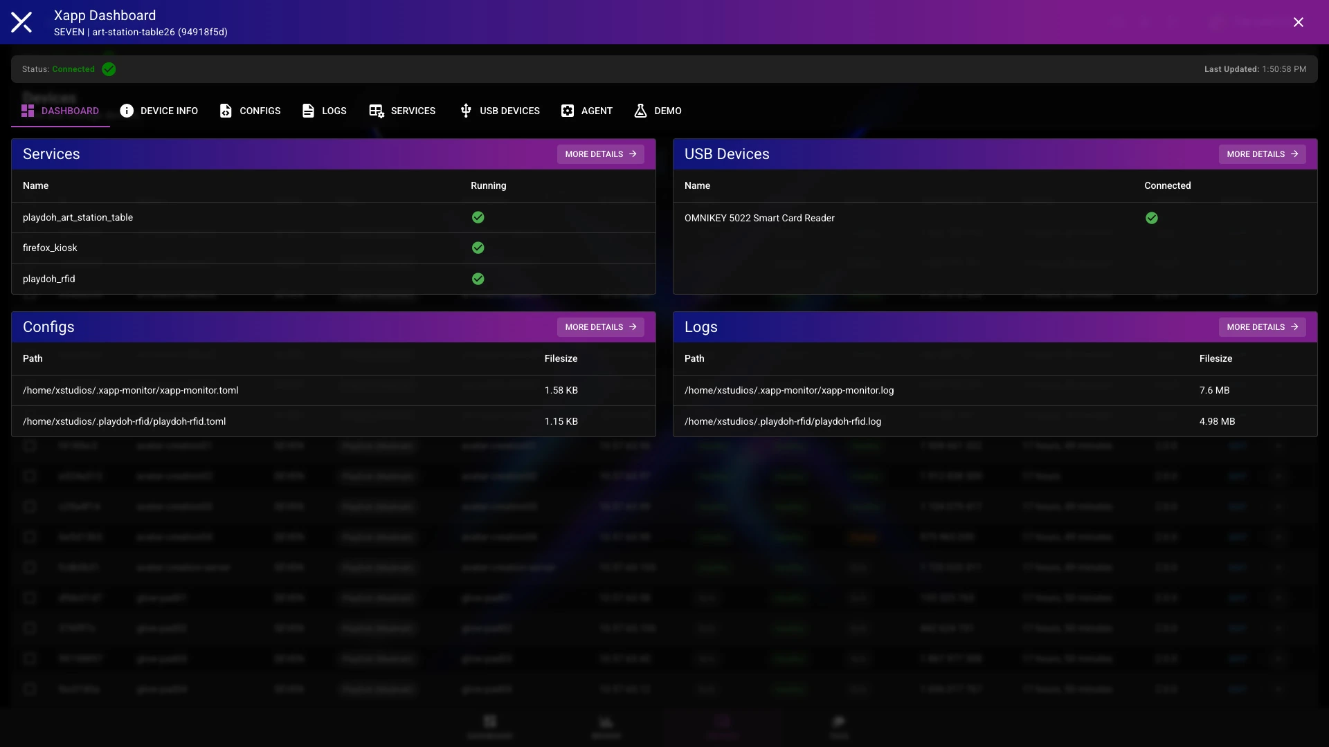 Single device overview with services, USB devices, configs and logs