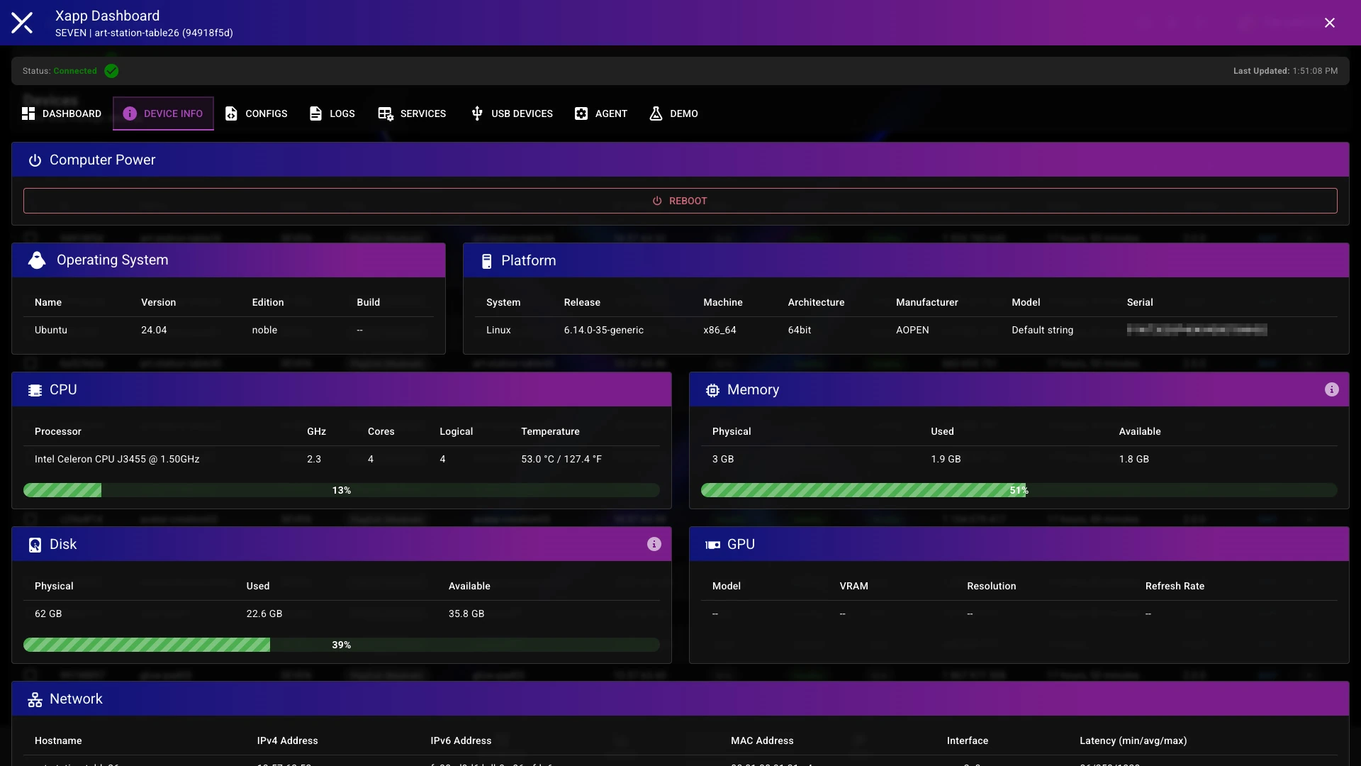 Device info screen showing CPU, memory, disk and GPU stats