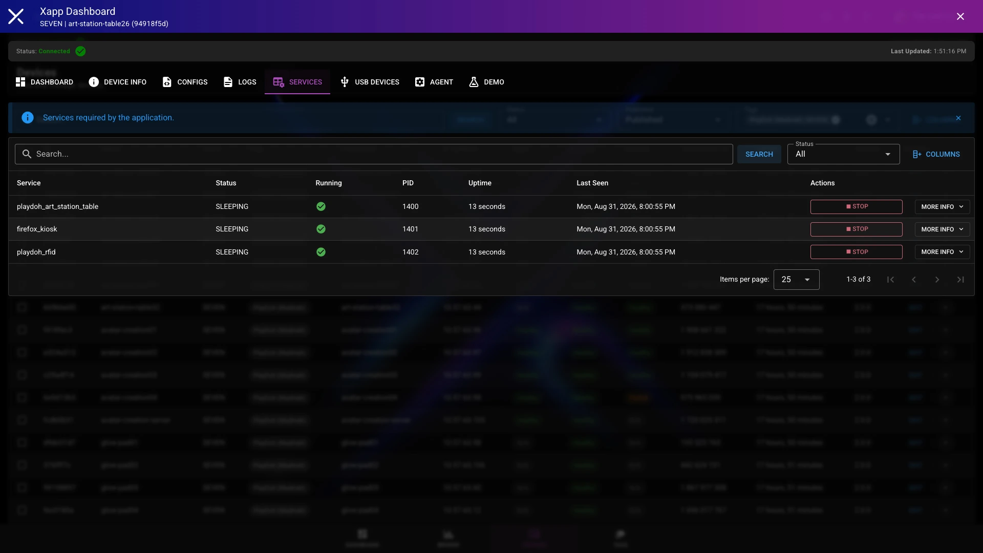 Services list with running status and start/stop controls