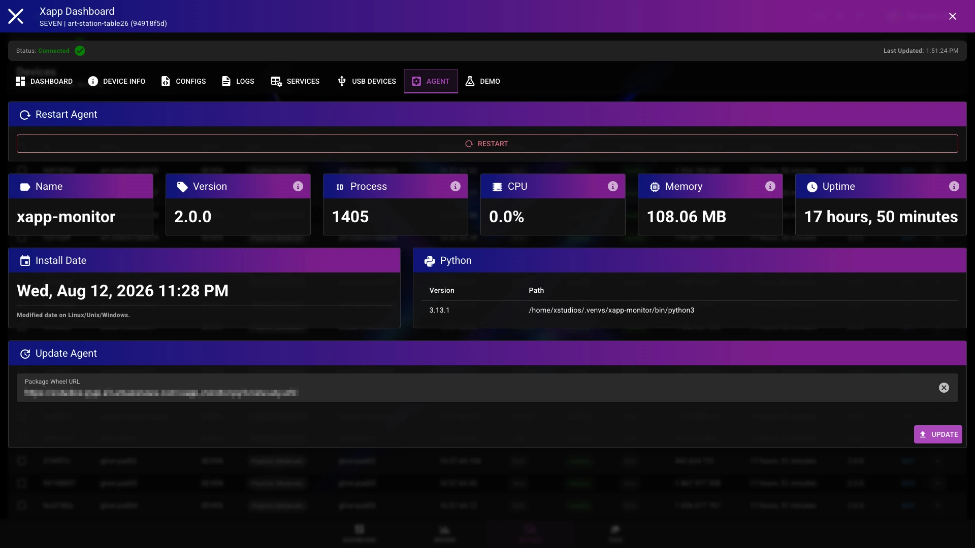 Screen showing software version, uptime, and update controls