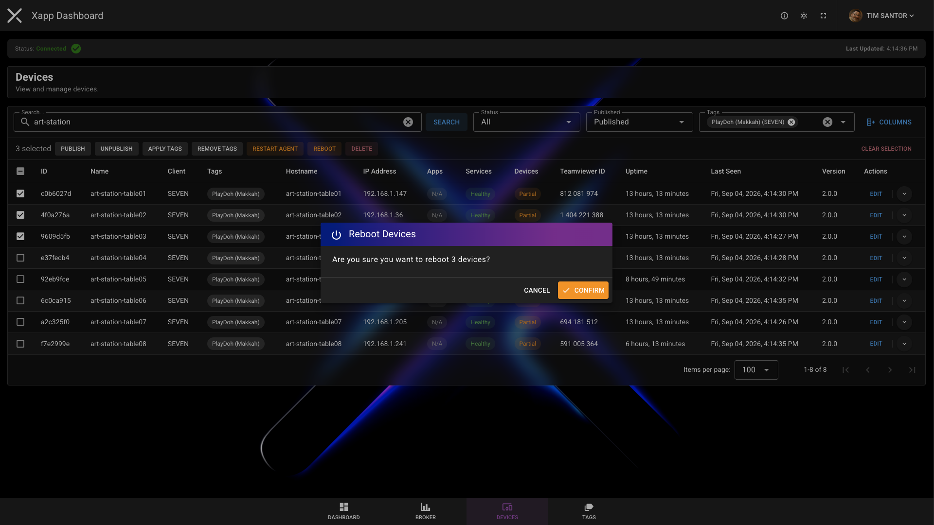Devices list with three devices selected and a reboot-confirmation dialog for all three